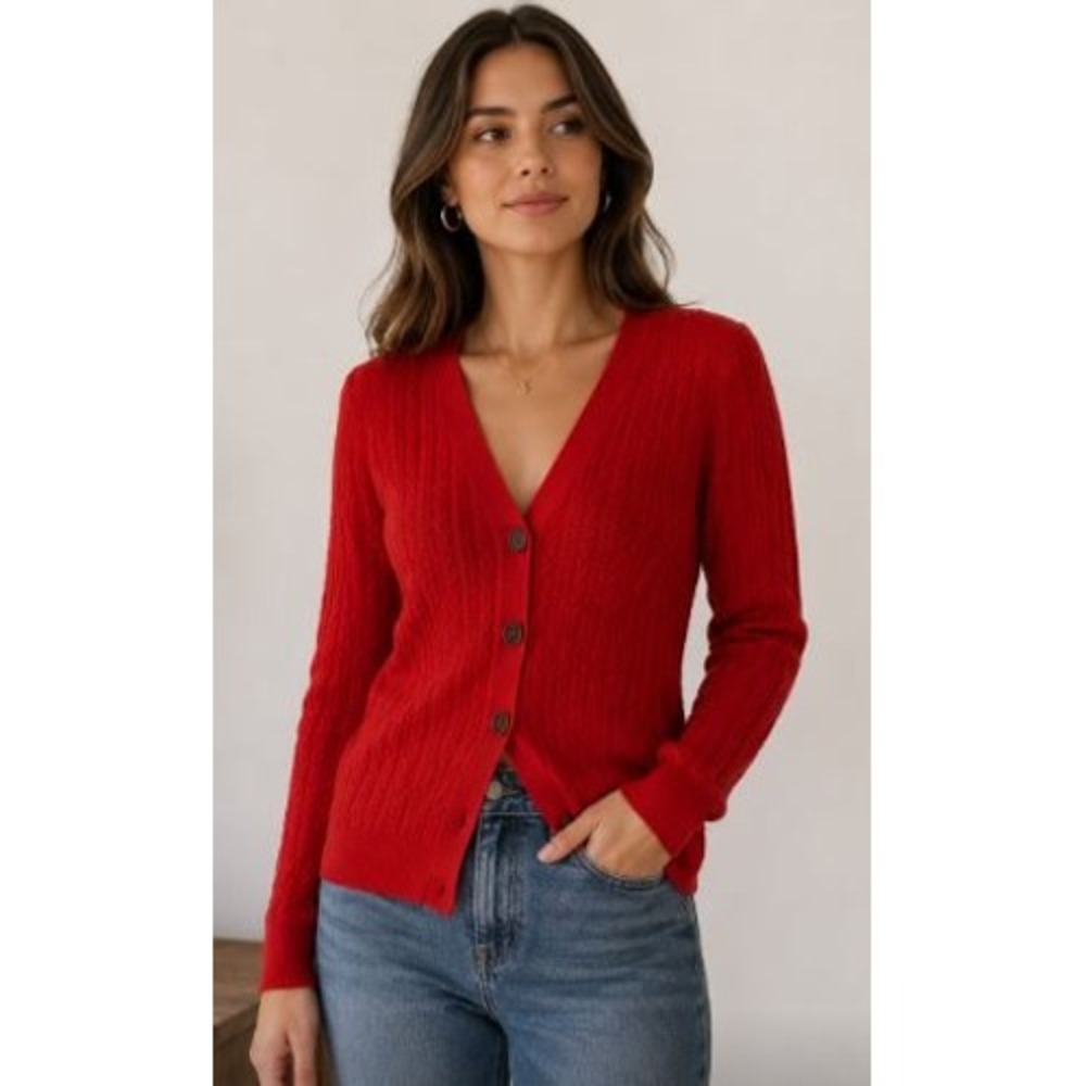 Talbots Cardigan Sweater Large Red Cable‎ Knit Preppy Academia Minimal Festive